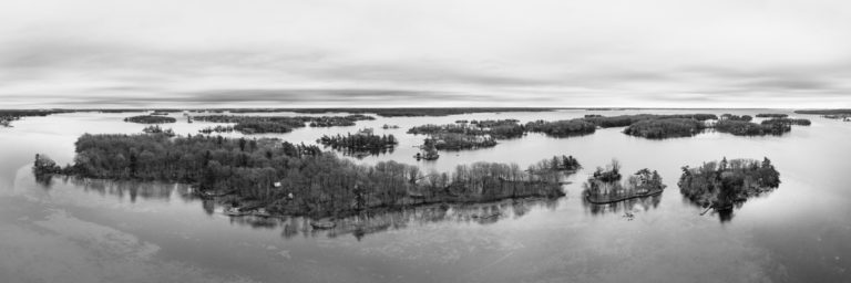 Aerial View of the 1000 Islands in Black and White