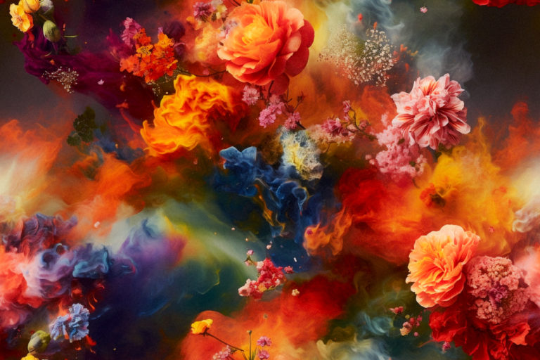 Bright Floral Burst with Swirling Color Clouds