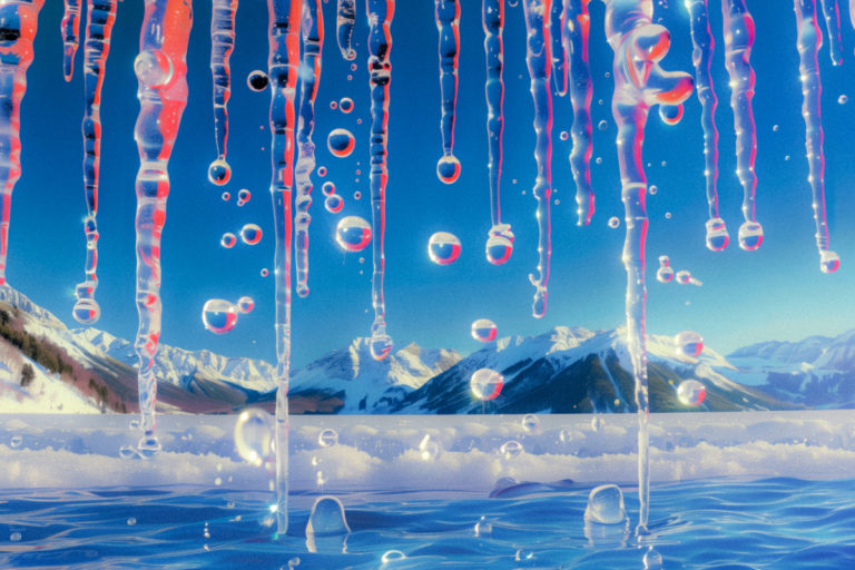 Dreamlike Icicles Over Snowy Mountain Peaks