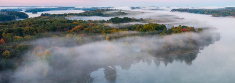 Misty Dawn Over Thousand Islands as Summer Fades