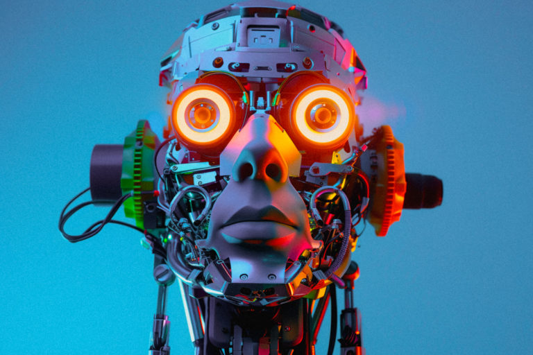 Robotic Head with Bright Orange and Yellow Accents