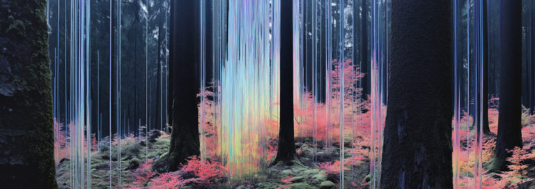 Shimmering Light Beams in a Synthetic Forest Scene