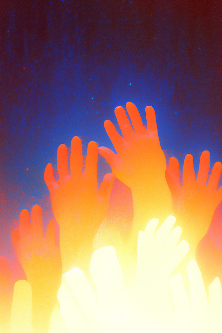 Reaching Hands in Glow Against Gradient Sky