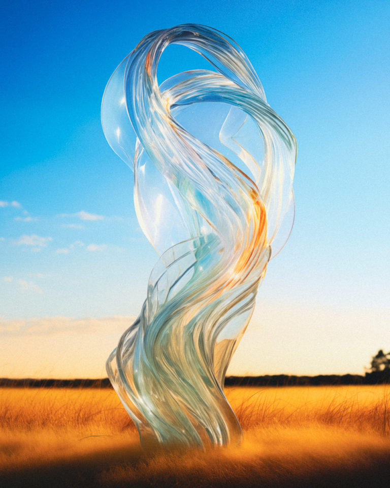 Flowing Glass Sculpture in Golden Field