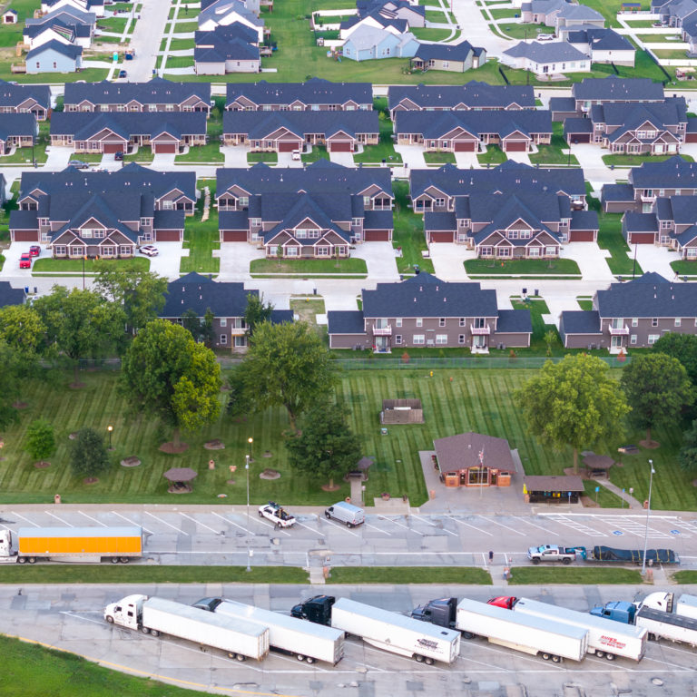 Aerial View of Suburban Homes and Rest Area