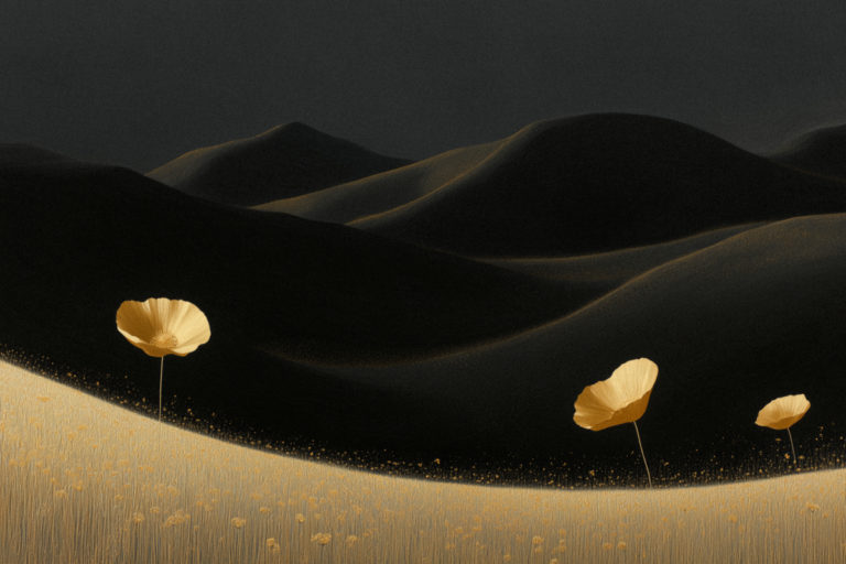 Golden Flowers Against Dark Rolling Hills