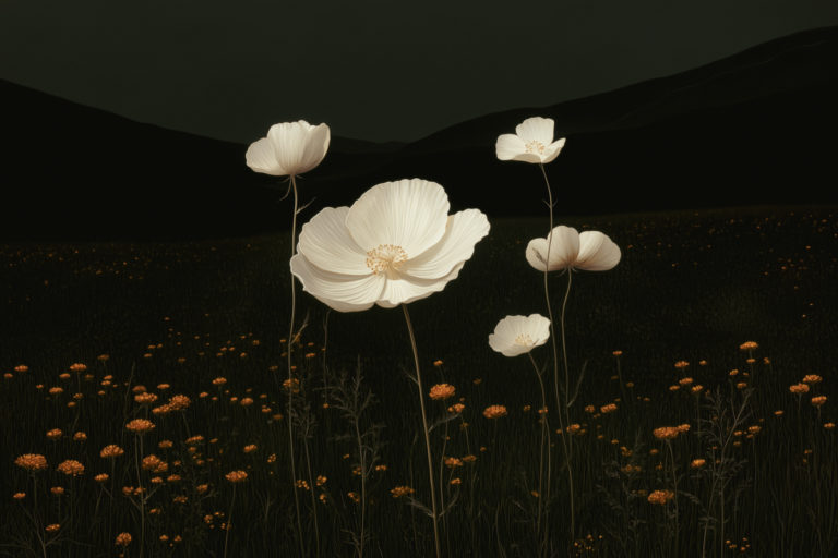 White Poppies in Dark Field Landscape