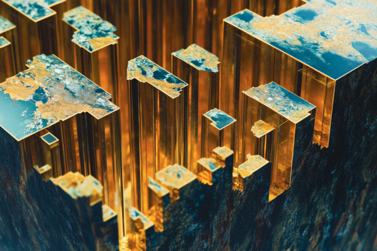 Abstract Terrain with Gold and Cyan Reflections