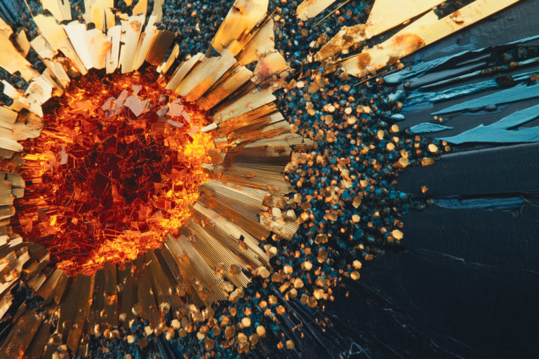 Fiery Crystal Eruption with Gold and Blue Accents