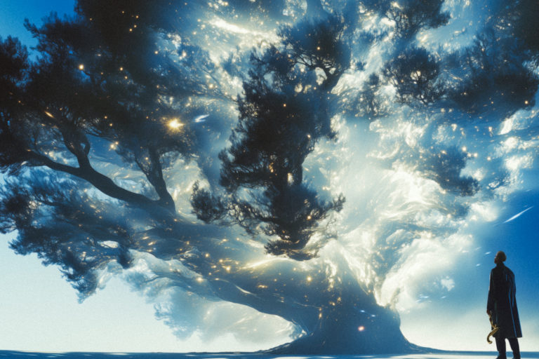 Towering Tree of Light with Observing Figure