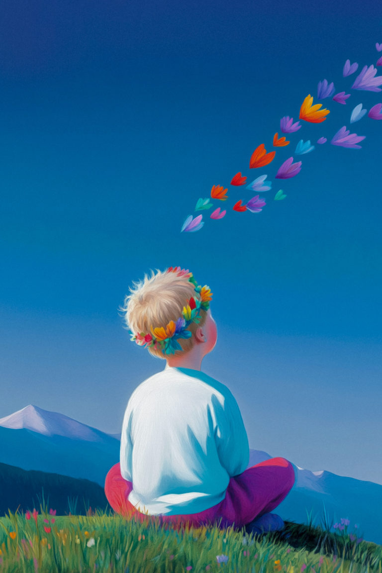 Child with Tulip Crown Beneath Petal Sky