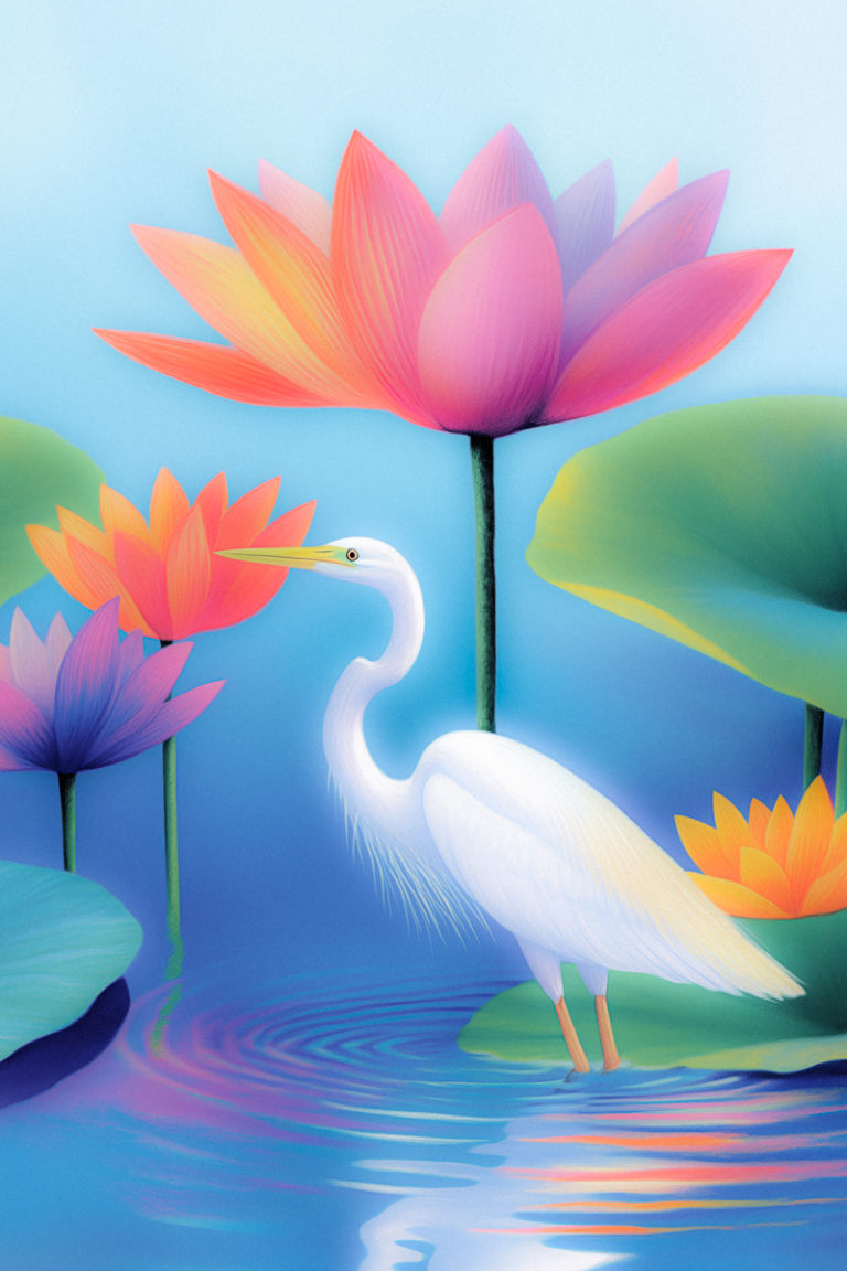 Bird Walking Beside Radiant Lotus Blooms
