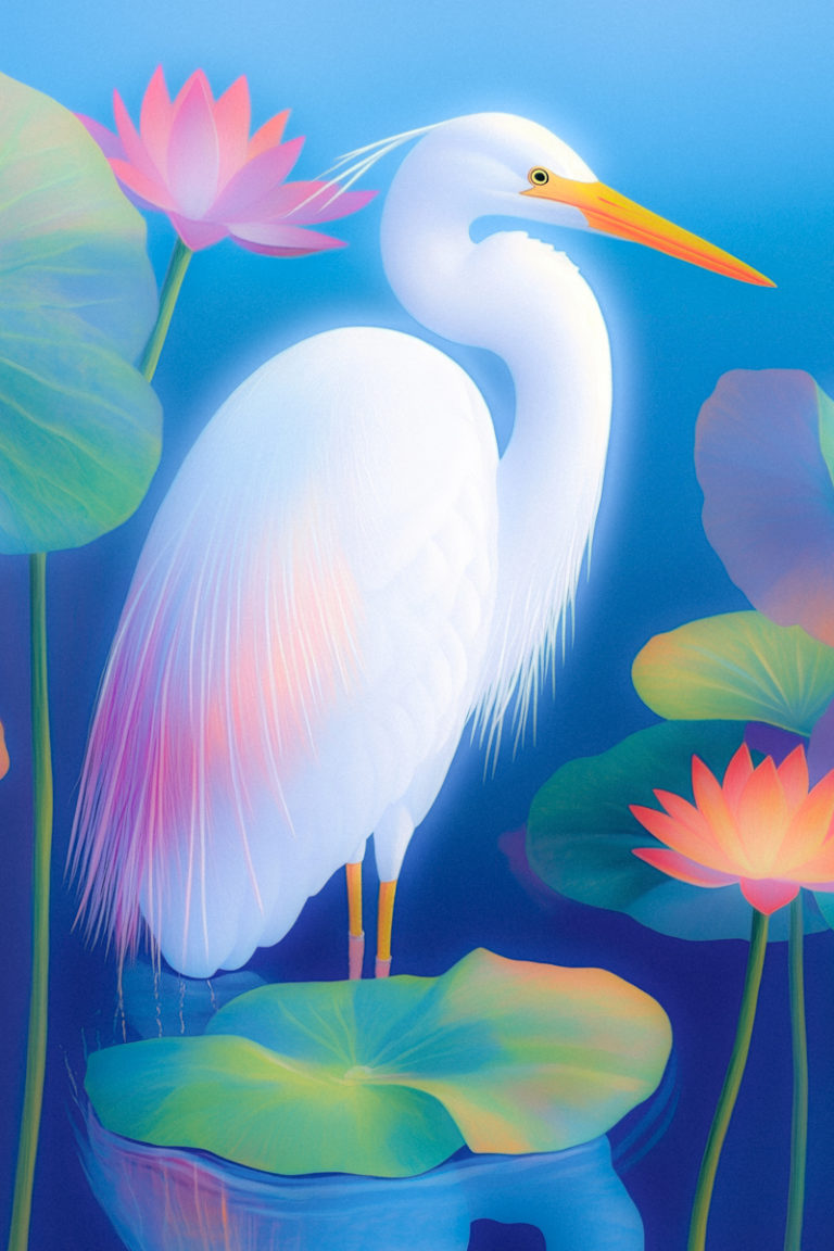 White Bird Standing Among Lotus Flowers