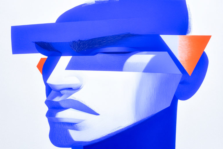 Angular Blue Face with Orange Triangles