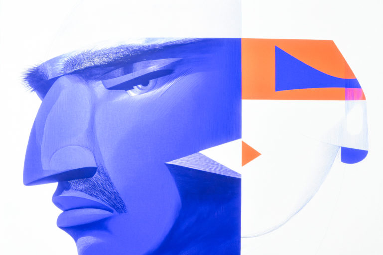 Divided Blue Face with Geometric Shapes