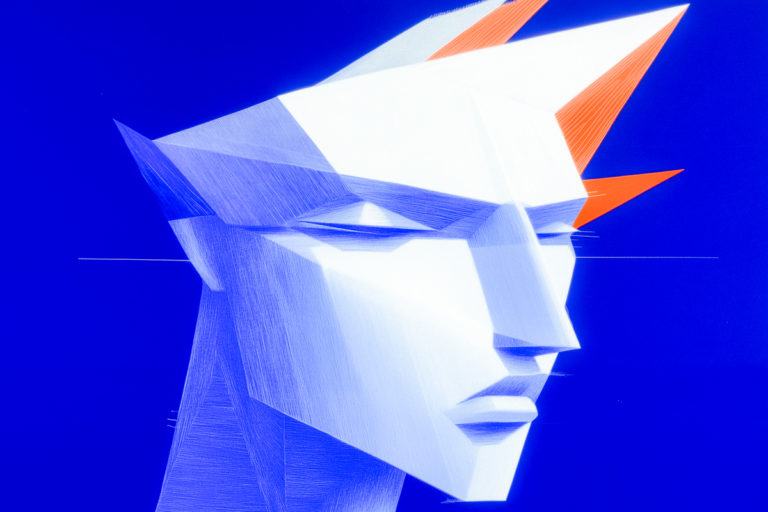 Angular Blue Face with Fiery Crown