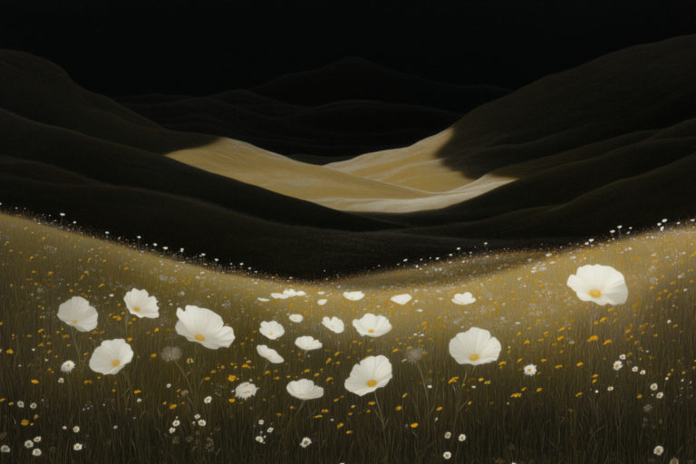 White Poppies Illuminated in a Dark Valley