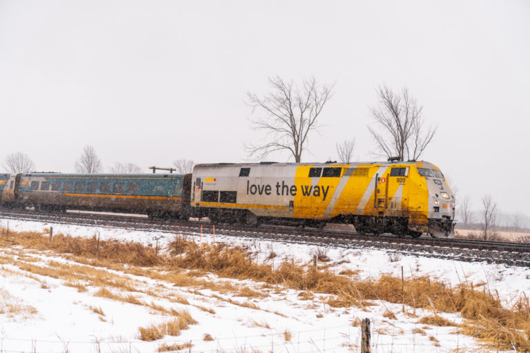 VIA Rail Train 920 Crossing Rural Ontario in Winter