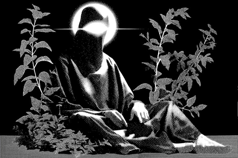 Surreal Figure with Radiant Halo and Botanical Elements