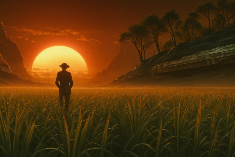 Wanderer Between Futures Beneath a Burning Sky