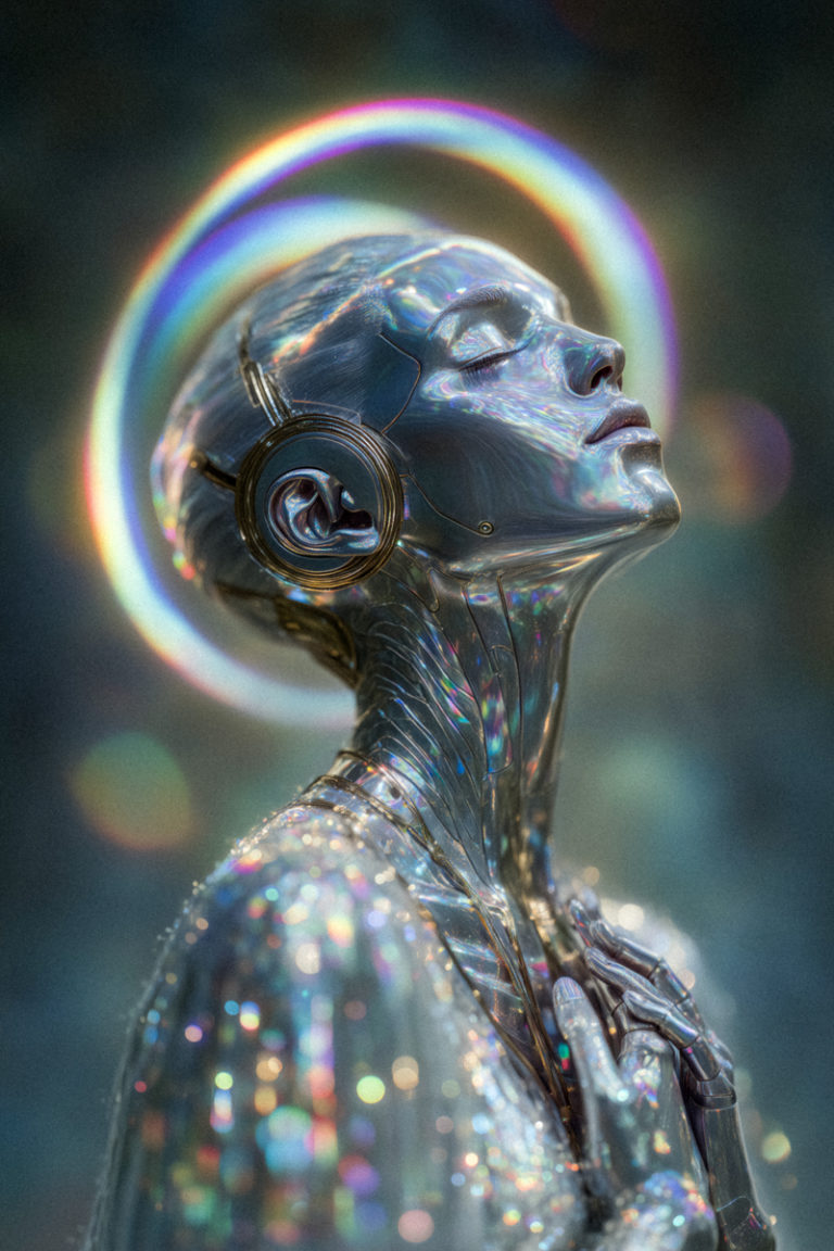 Robotic Figure in Offworld Prayer and Light