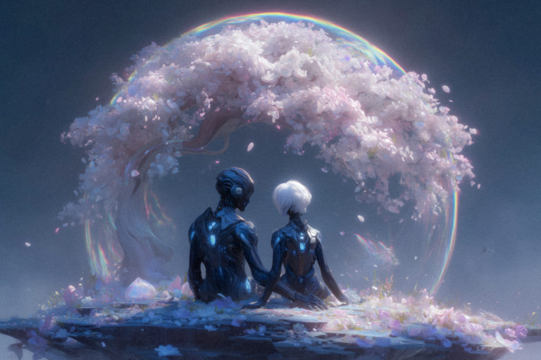 Futuristic Cyborg Couple Beneath Blossoming Tree