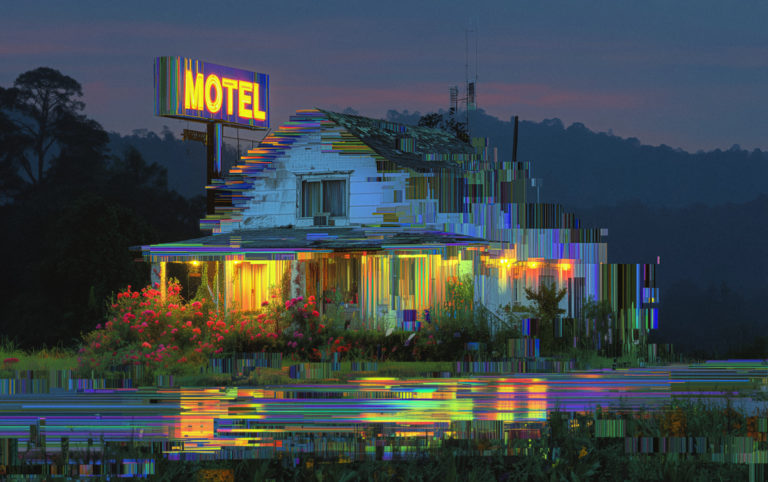 Glitched Roadside Motel at Dusk
