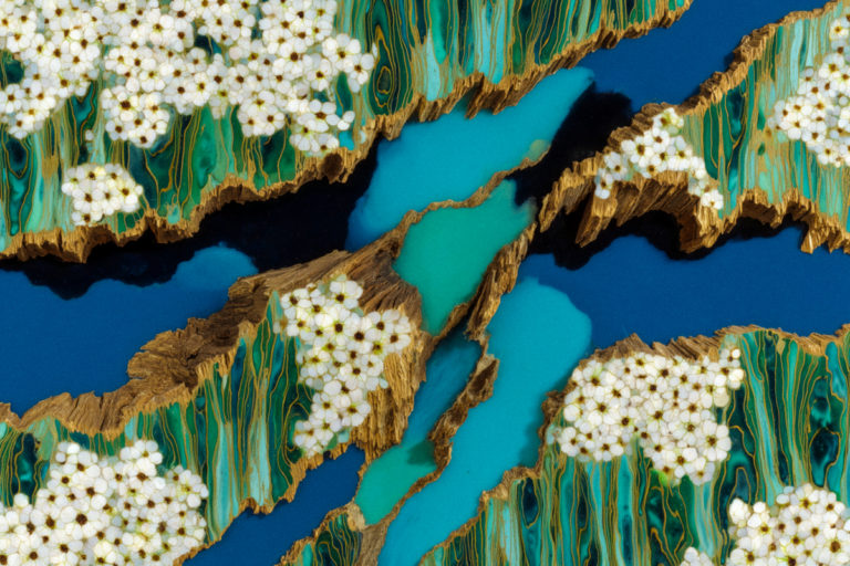 White Blossoms Flowing Through Emerald Canyons