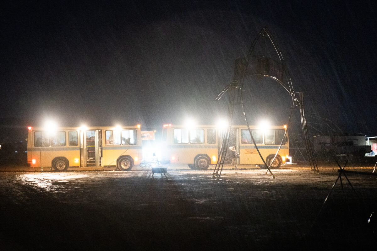 Burner Express Shuttle Dropping Off Burners in the Rain