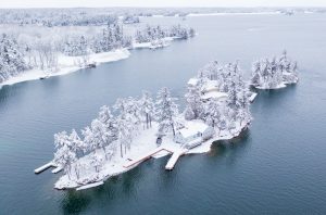 Snow-Covered Island Cottages in Thousand Islands