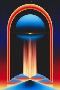 Retro Futurist Portal with Light Beams and Clouds