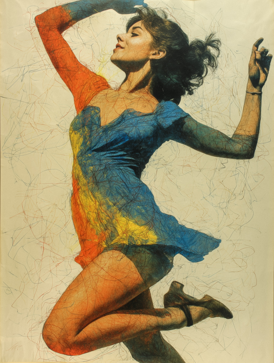 Mixed Media Illustration of Woman Jumping in Colorful Dress