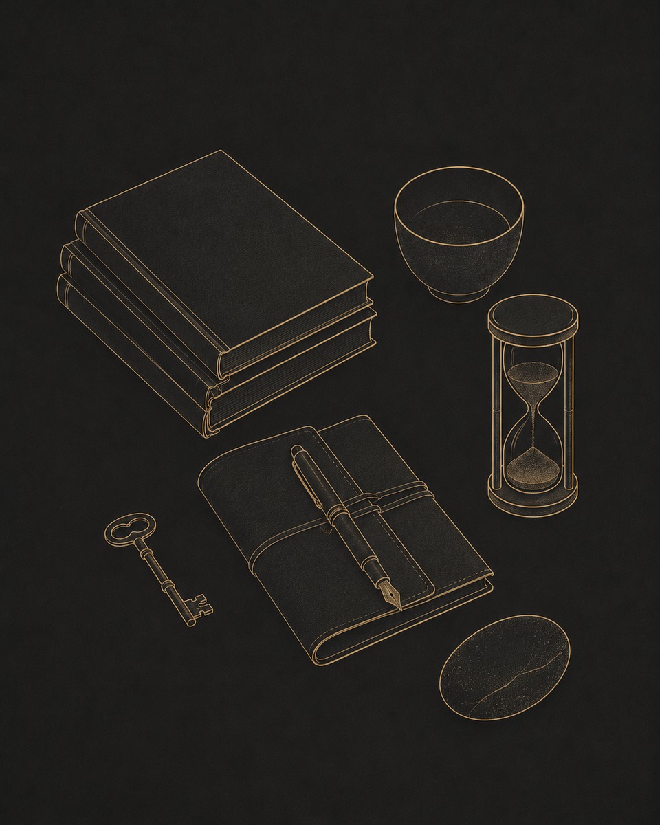 Gold-line still life of stacked books, an hourglass, a leather journal with fountain pen, a skeleton key, and an ink stone, on black