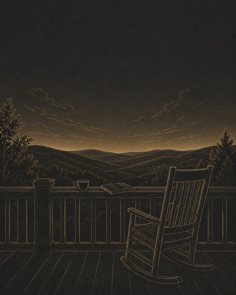 Gold-line porch scene at dusk: an empty rocking chair, an open book and steaming mug on the railing, mountains and forest in the distance