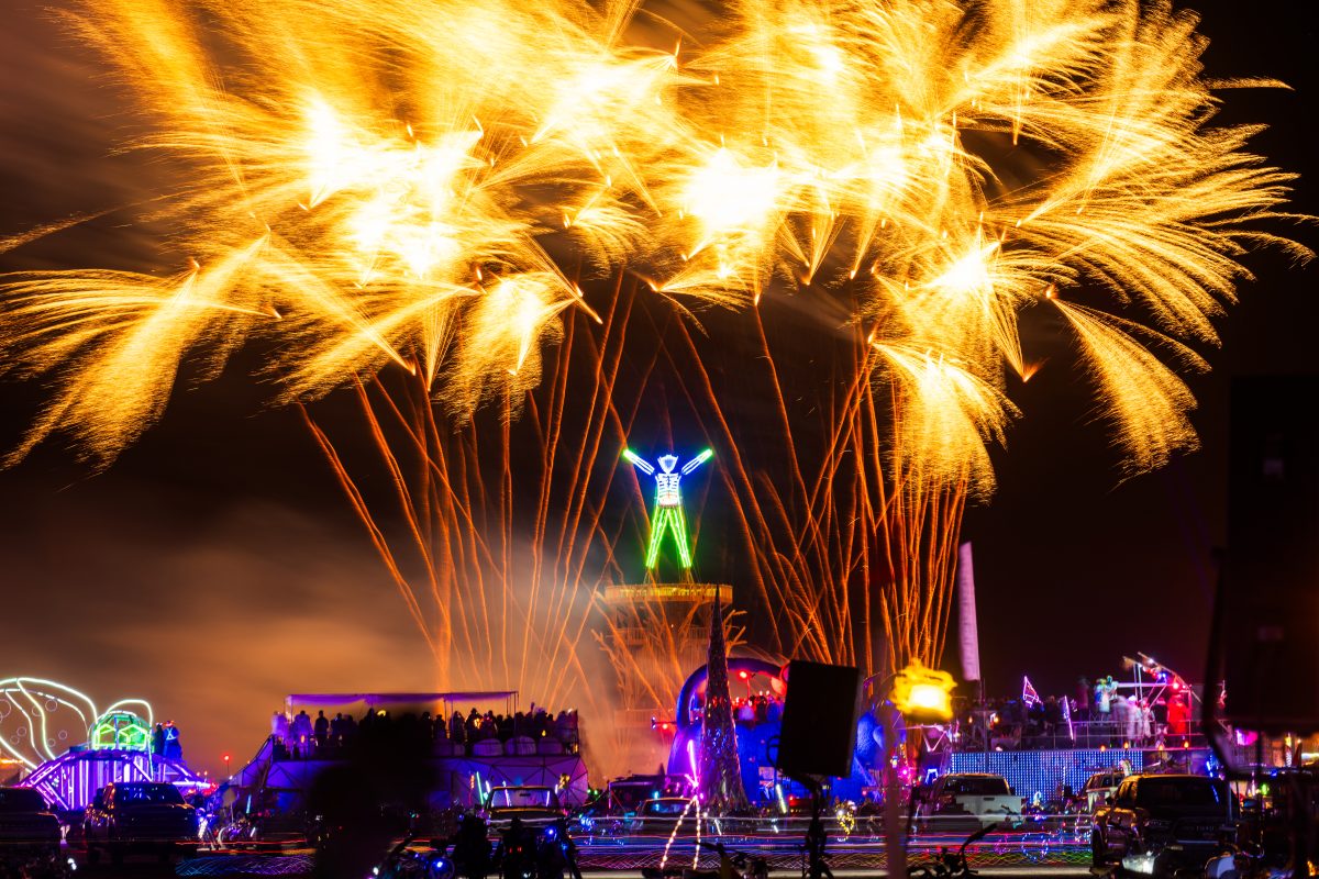 Fireworks at the Burning Man 2026 Man Burn