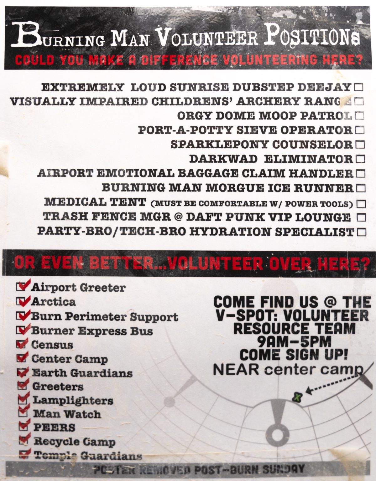 Burning Man Volunteer Positions Poster LMAO
