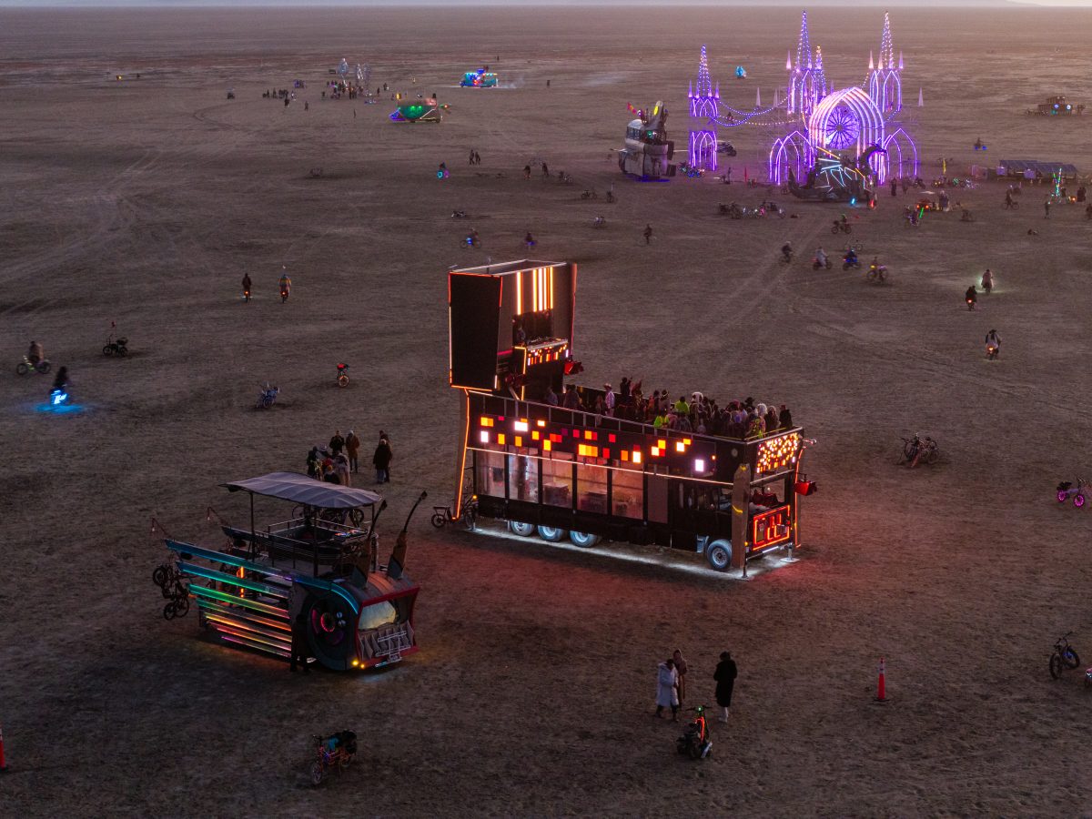 Sunrise Art Cars on the Deep Playa and The Gothic Folly
